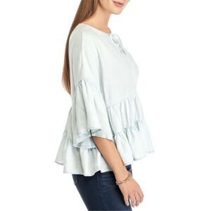 Adyson Parker Chambray Bell Sleeve Tiered Linen Blouse Size L Boho